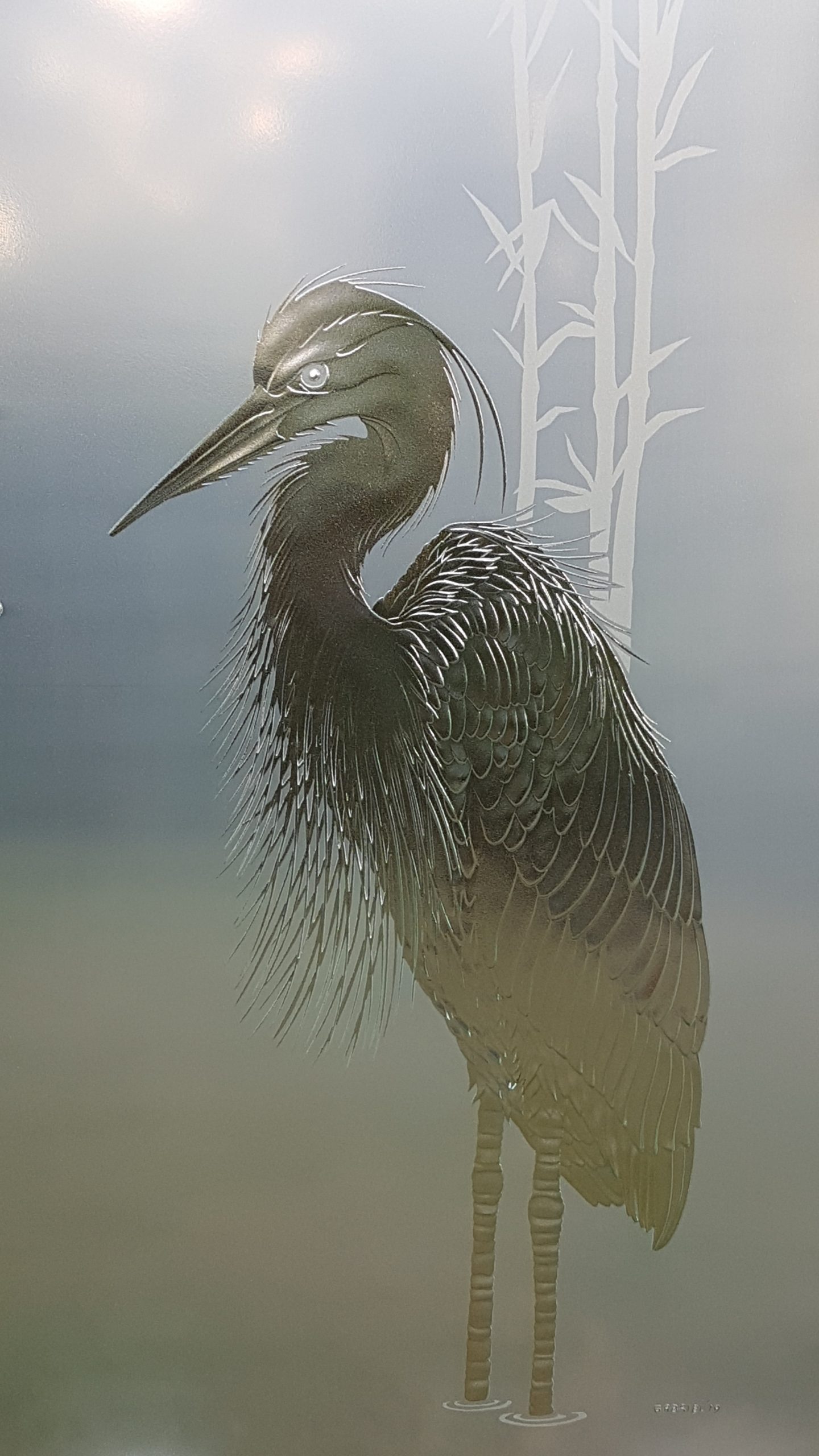 Carved sandblasted and kiln-fired glass Heron